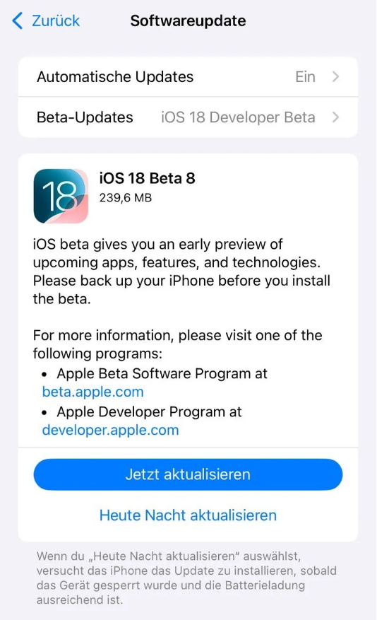 正镶白苹果手机维修分享苹果 iOS / iPadOS 18 开发者预览版 Beta 8 发布 